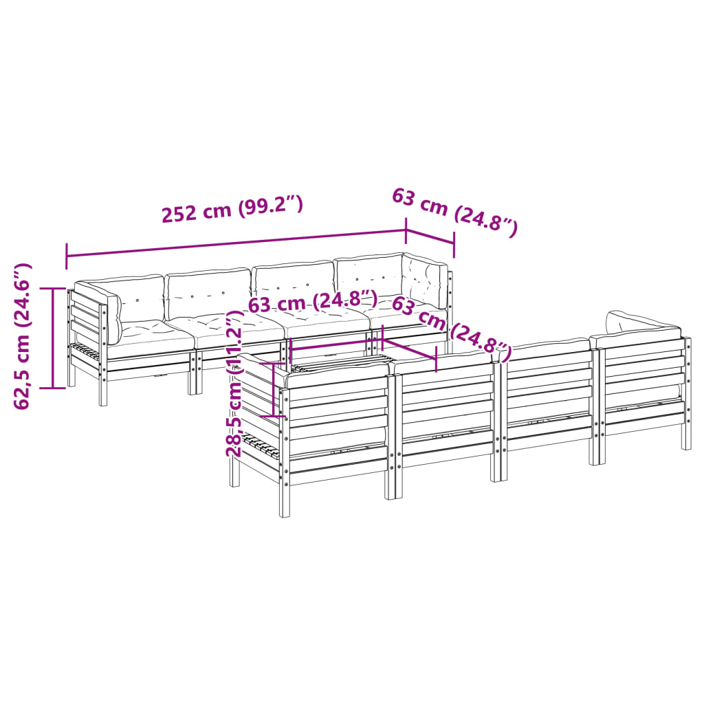 vidaXL 9-delige Loungeset met kussens massief grenenhout wasbruin