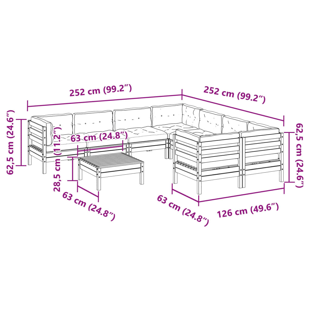 vidaXL 9-delige Loungeset met kussens massief grenenhout wasbruin