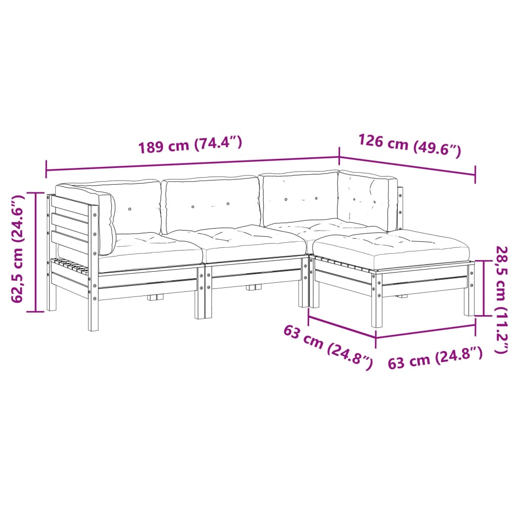 vidaXL 4-delige Loungeset met kussens massief grenenhout wasbruin