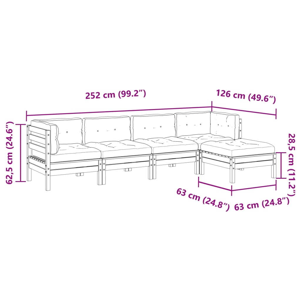 vidaXL 5-delige Loungeset met kussens massief grenenhout wasbruin