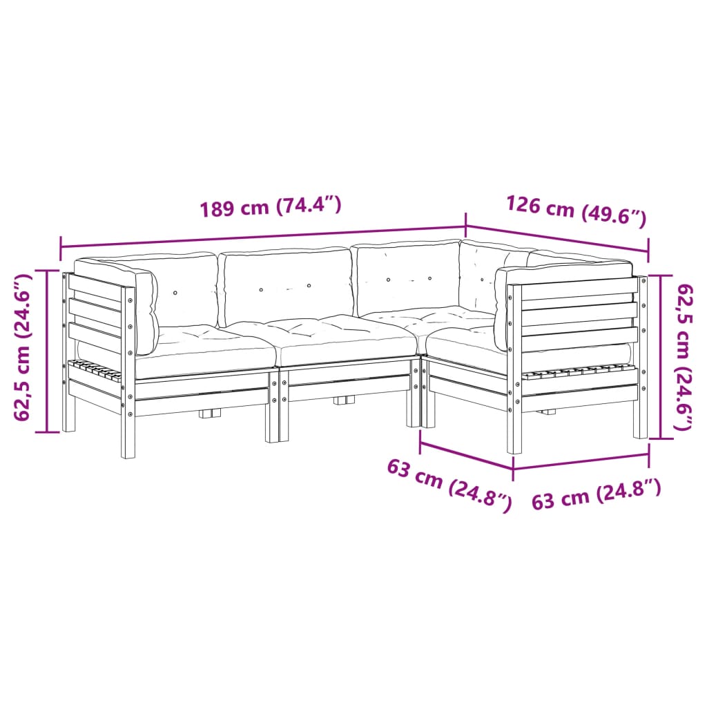 vidaXL 4-delige Loungeset met kussens massief grenenhout wasbruin