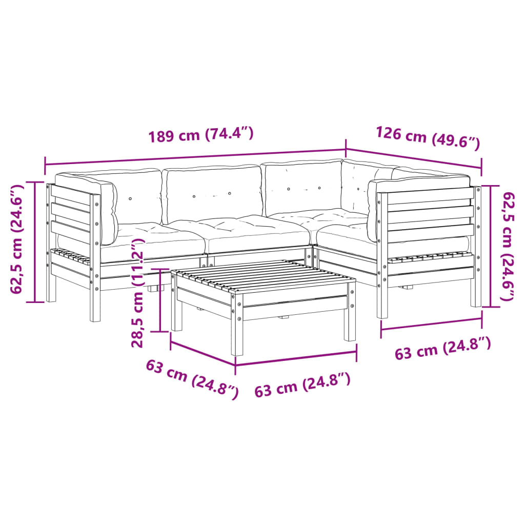 vidaXL 5-delige Loungeset met kussens massief grenenhout wasbruin