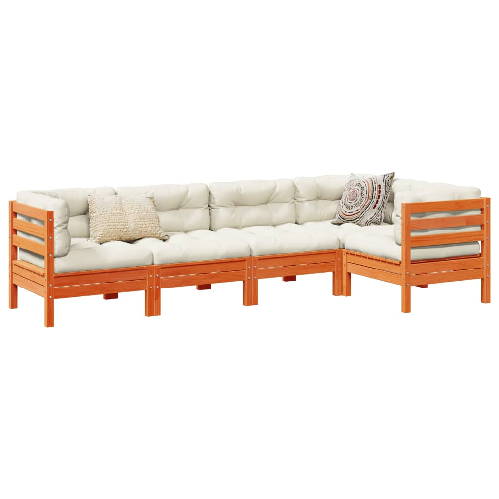 vidaXL 5-delige Loungeset met kussens massief grenenhout wasbruin