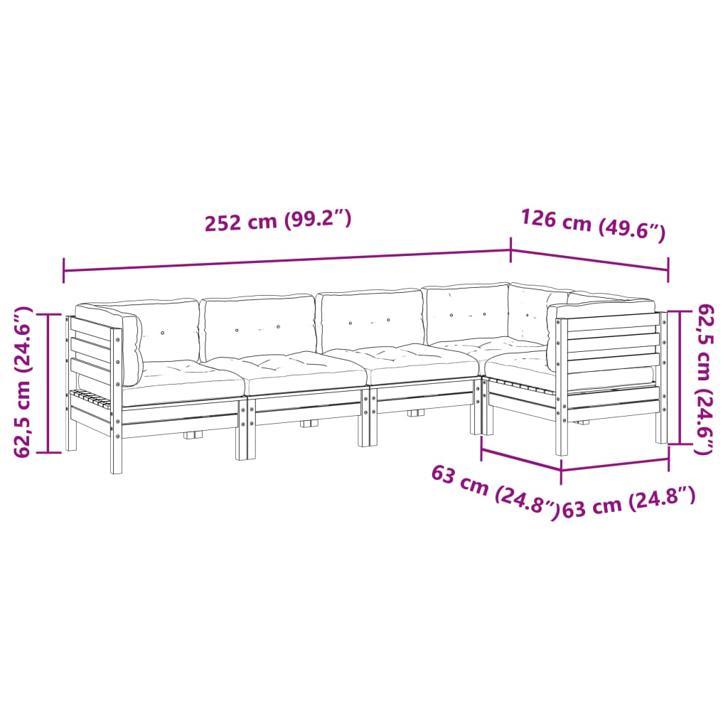 vidaXL 5-delige Loungeset met kussens massief grenenhout wasbruin