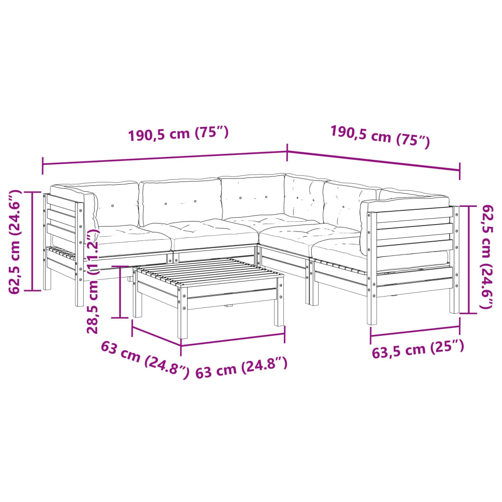 vidaXL 6-delige Loungeset met kussens massief grenenhout wasbruin