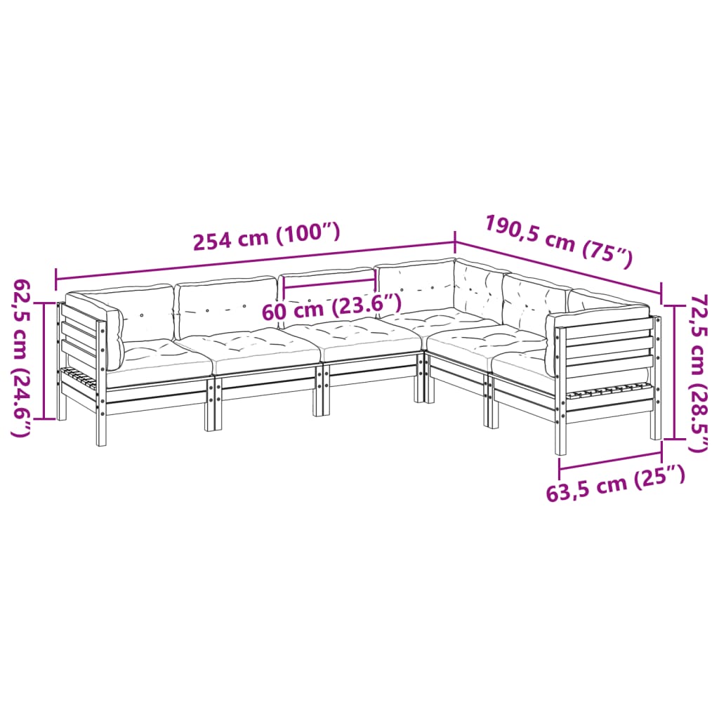 vidaXL 6-delige Loungeset met kussens massief grenenhout wasbruin