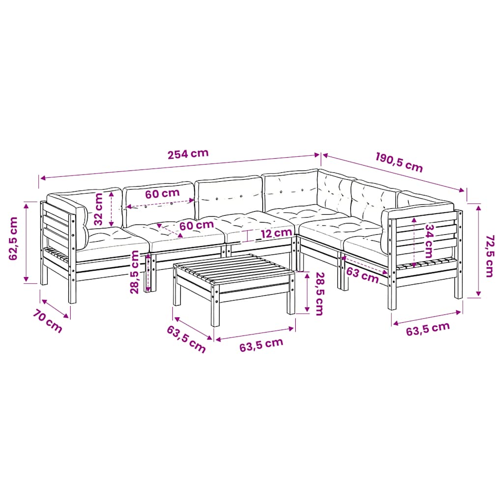 vidaXL 7-delige Loungeset met kussens massief grenenhout wasbruin
