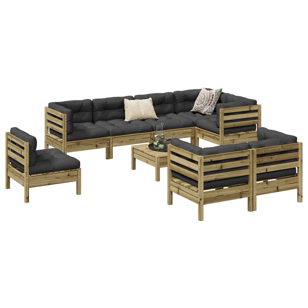 vidaXL 9-delige Loungeset met kussens massief grenenhout wasbruin