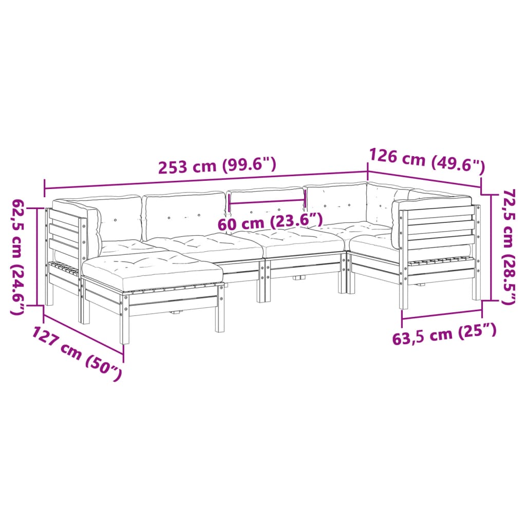 vidaXL 6-delige Loungeset met kussens massief grenenhout wasbruin