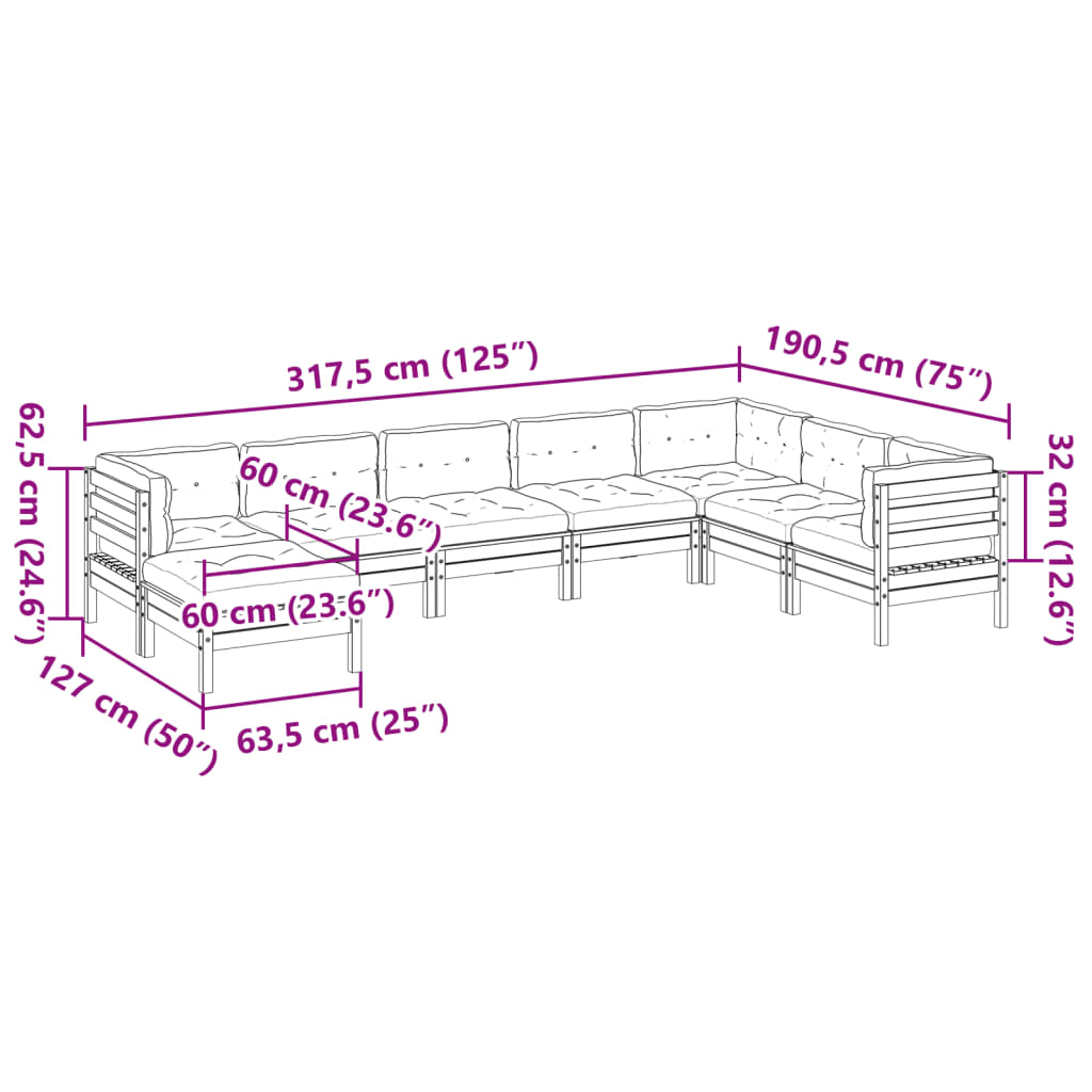 vidaXL 8-delige Loungeset met kussens massief grenenhout wasbruin