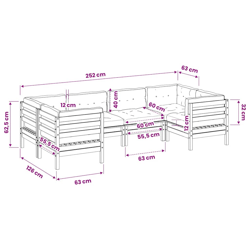 vidaXL 6-delige Loungeset met kussens massief grenenhout wasbruin