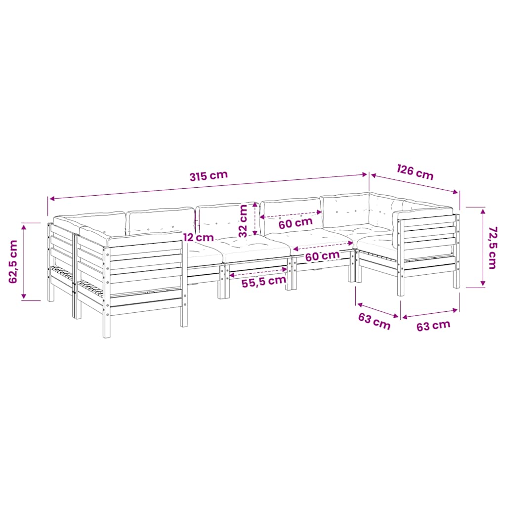 vidaXL 7-delige Loungeset met kussens massief grenenhout wasbruin