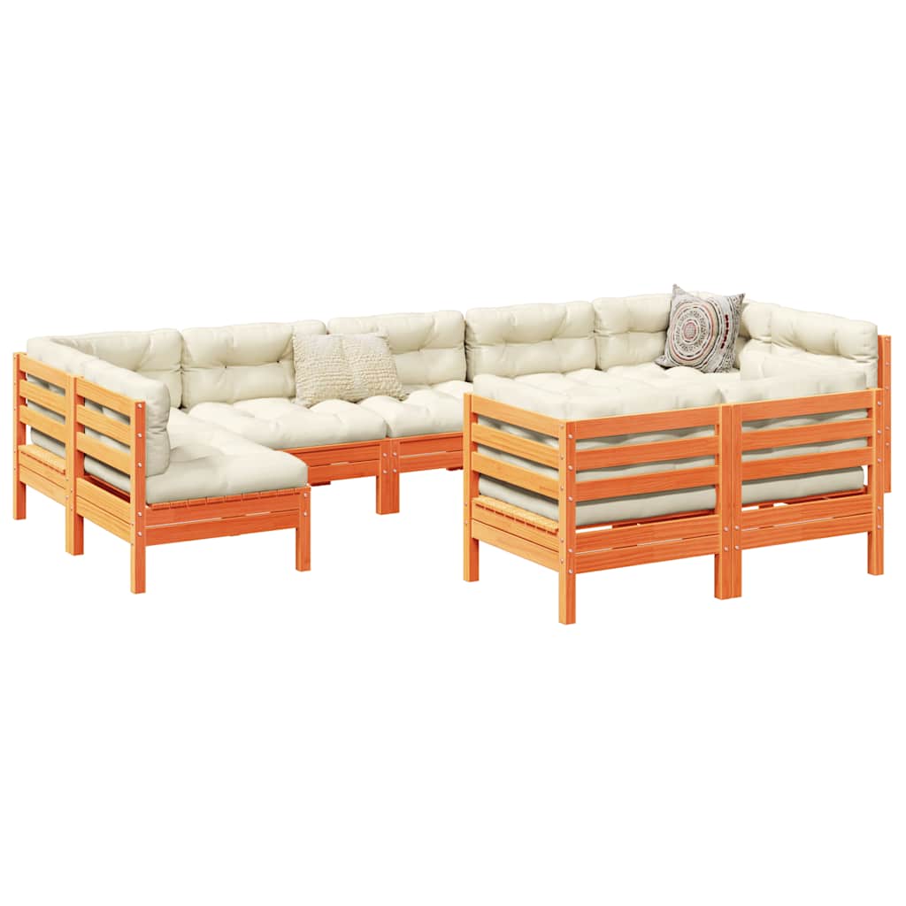 vidaXL 9-delige Loungeset met kussens massief grenenhout wasbruin