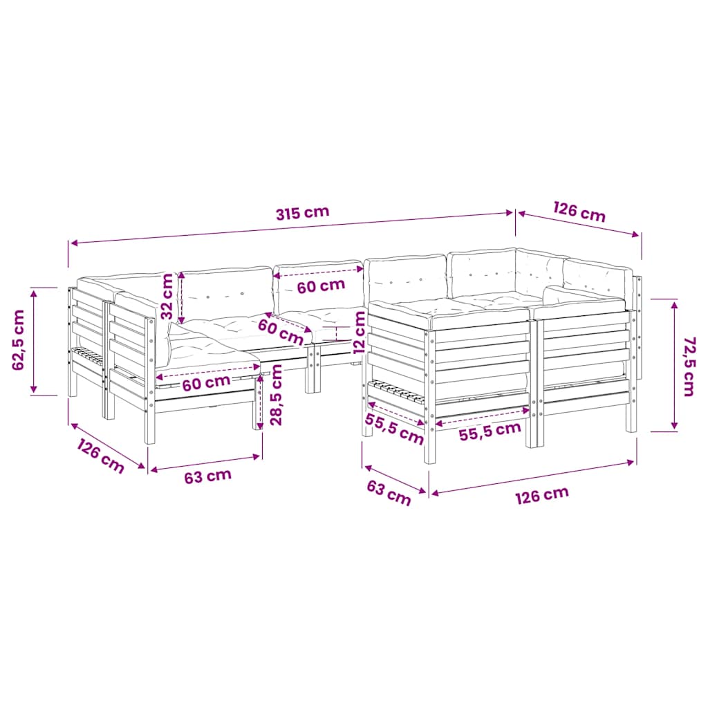 vidaXL 9-delige Loungeset met kussens massief grenenhout wasbruin