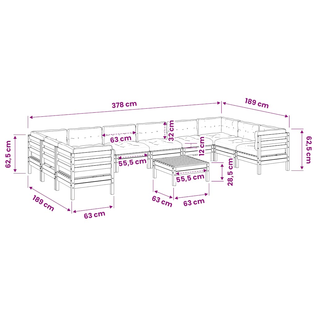 vidaXL 11-delige Loungeset met kussens massief grenenhout wasbruin