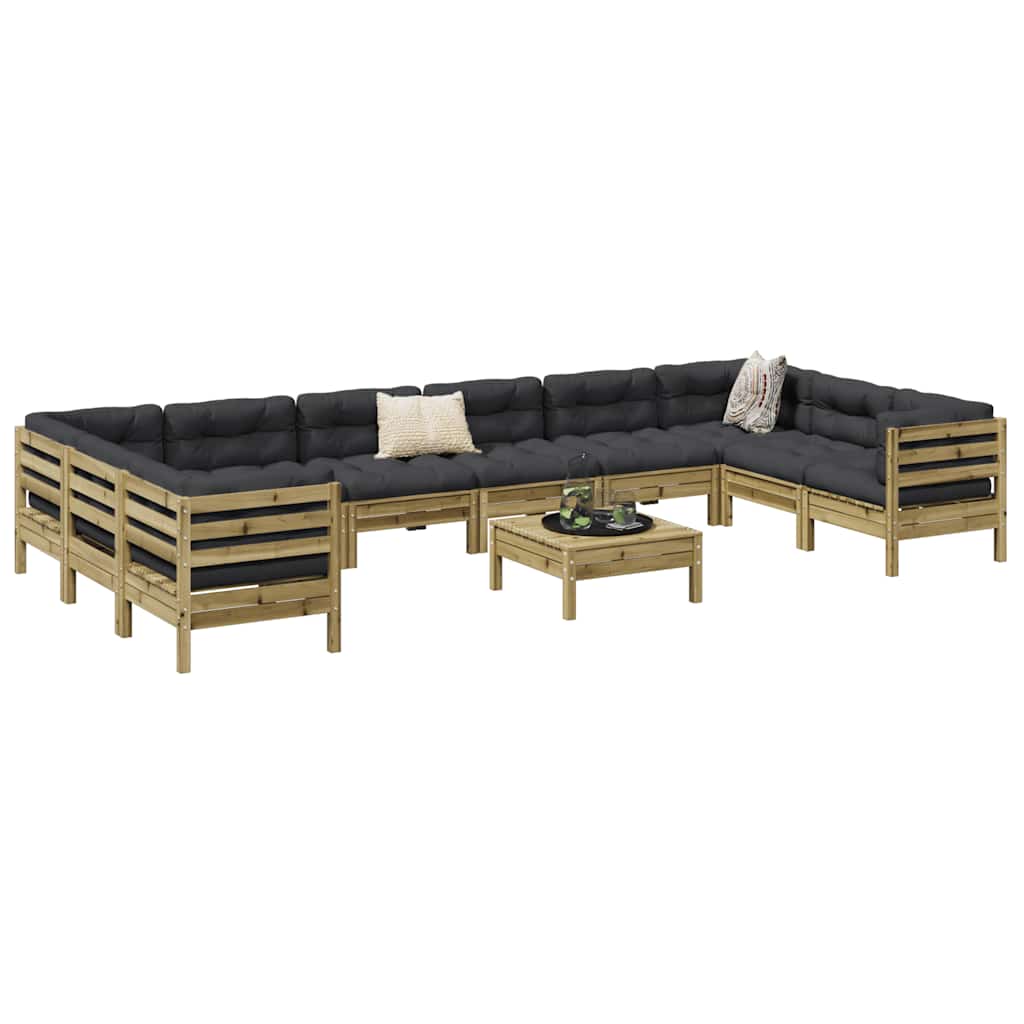 vidaXL 11-delige Loungeset met kussens massief grenenhout wasbruin