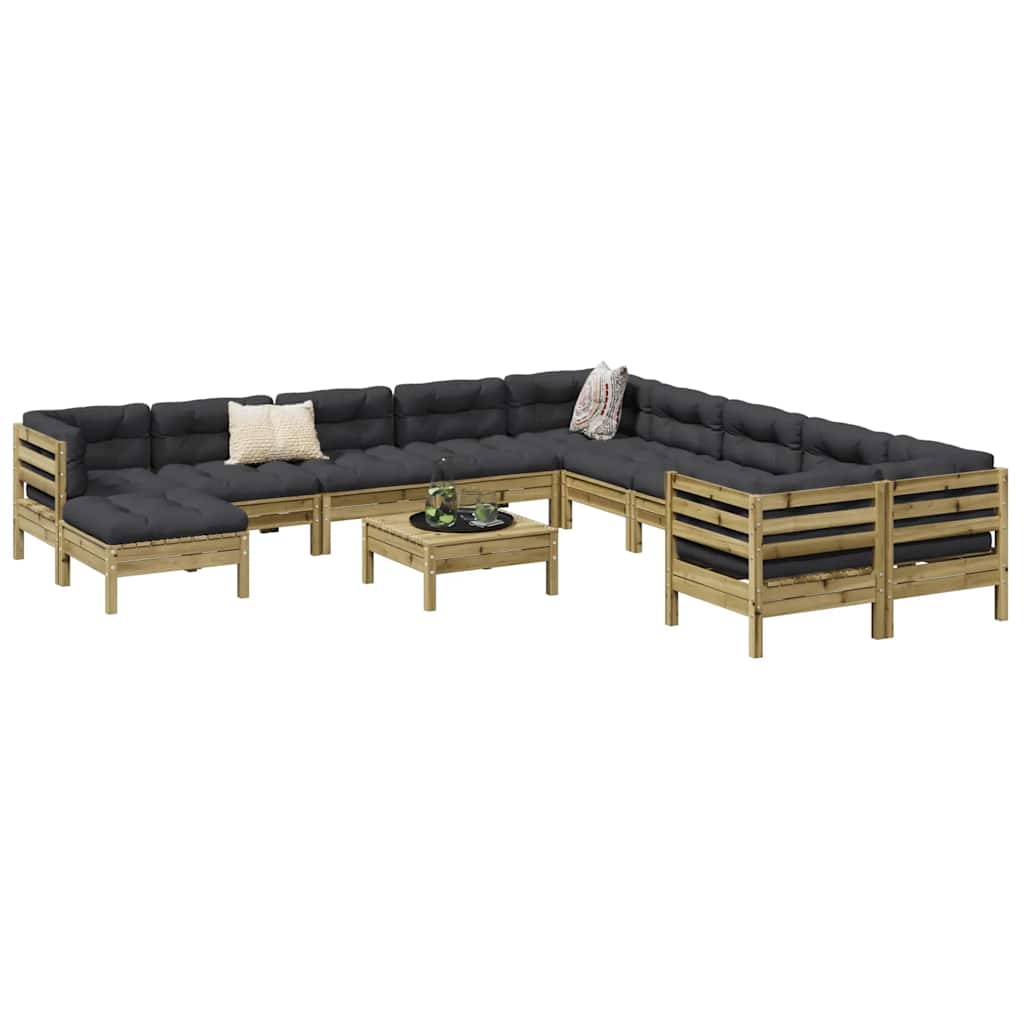 vidaXL 12-delige Loungeset met kussens massief grenenhout wasbruin