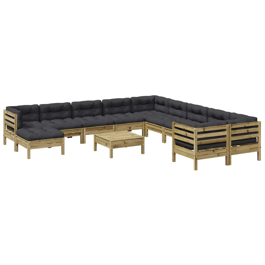 vidaXL 12-delige Loungeset met kussens massief grenenhout wasbruin