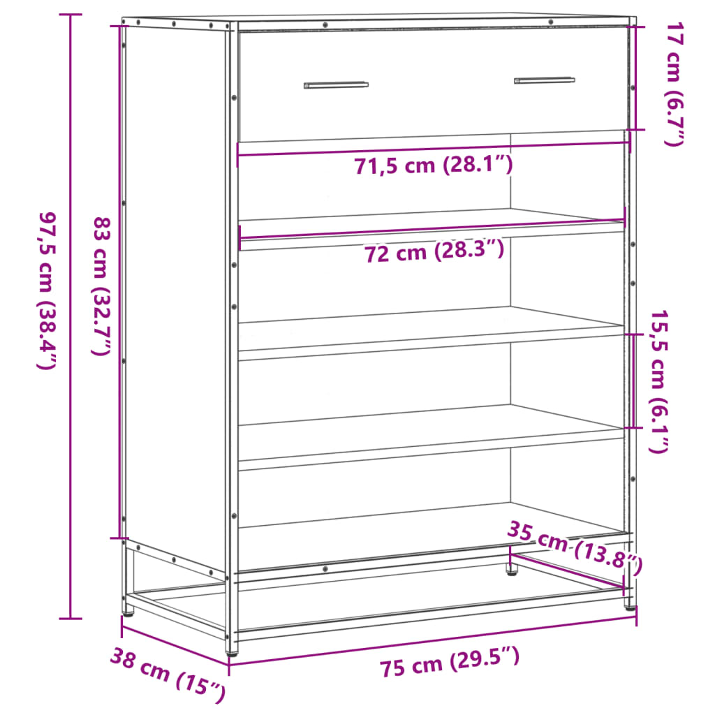 vidaXL Shoe Cabinet 75x38x97.5 cm Engineered Wood and Metal Black
