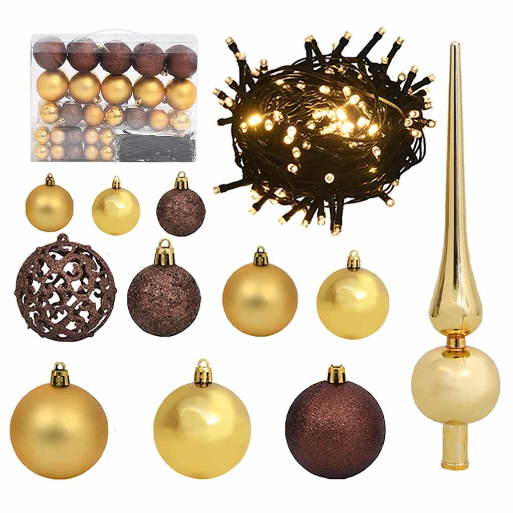 vidaXL 60-delige Kerstballenset met piek en 150 LED's goud en brons