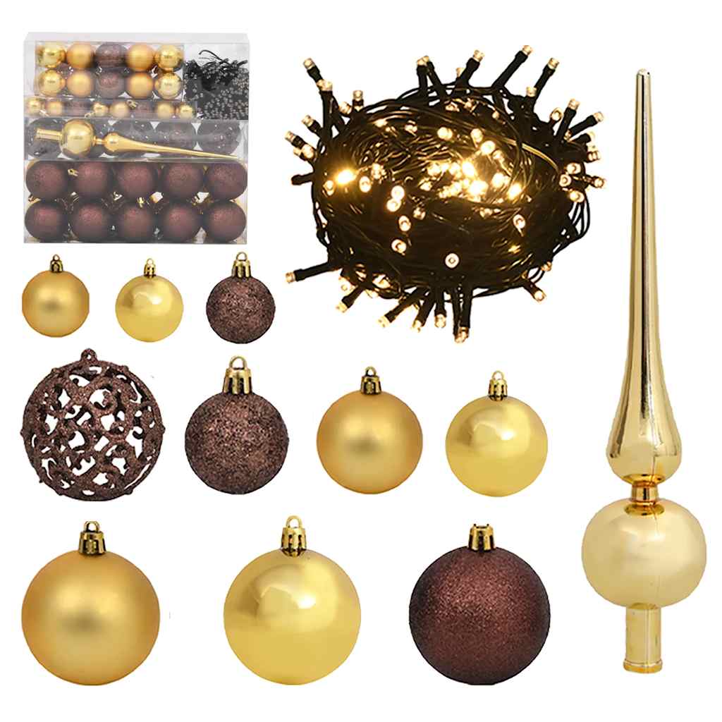 vidaXL 60-delige Kerstballenset met piek en 150 LED's goud en brons