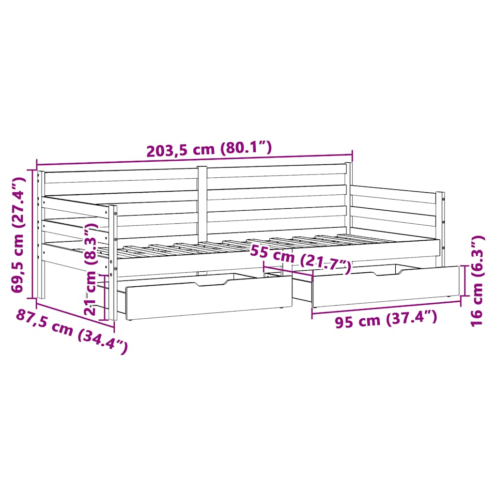 vidaXL Slaapbank met lades 80x200 cm massief grenenhout wit