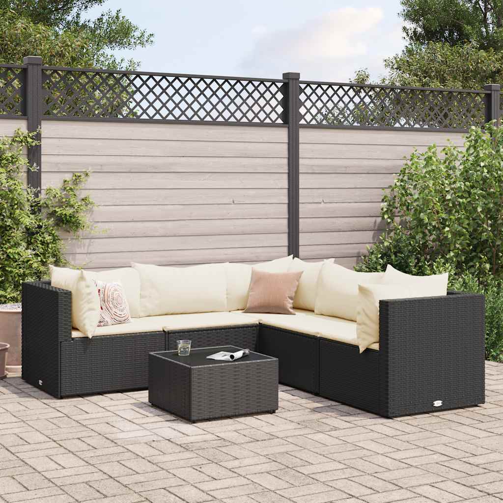 vidaXL 5-delige Loungeset met kussens poly rattan zwart