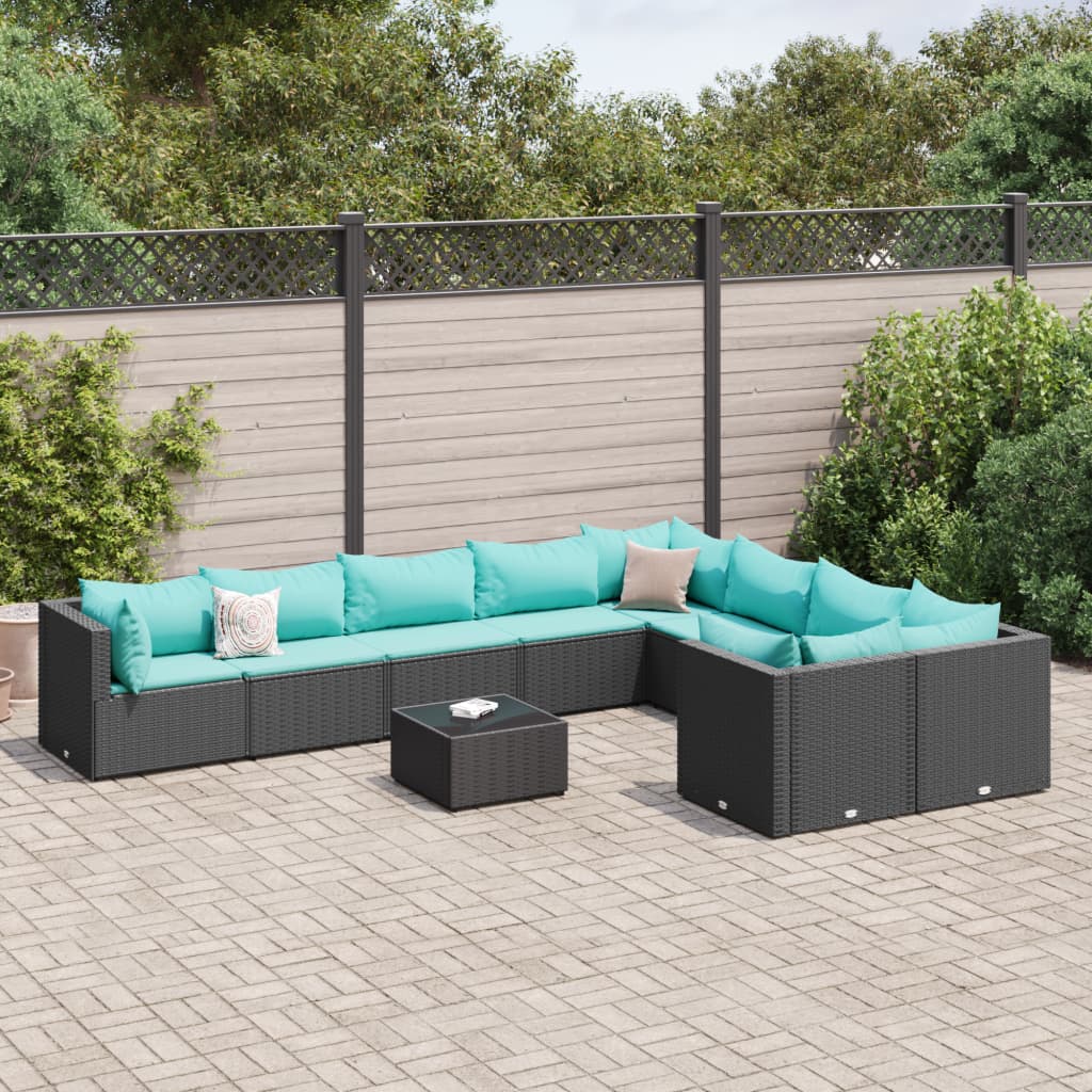 vidaXL 9-delige Loungeset met kussens poly rattan zwart