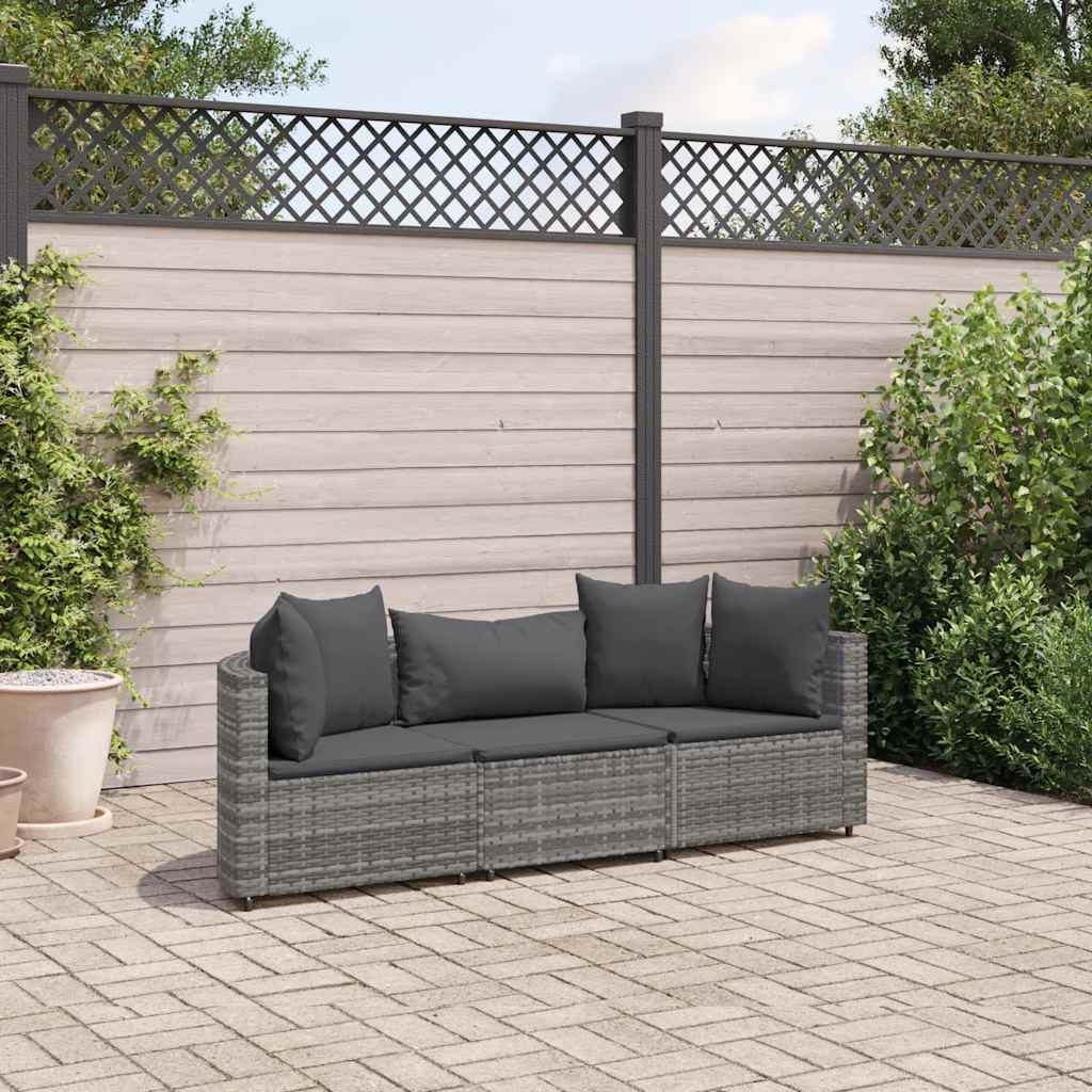 vidaXL 3-delige Loungeset met kussens poly rattan zwart