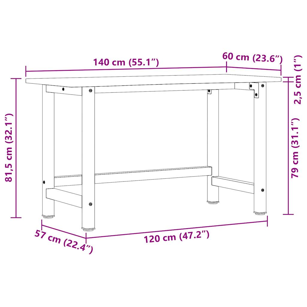 vidaXL Workbench 100x60x81.5 cm Solid Oak Wood
