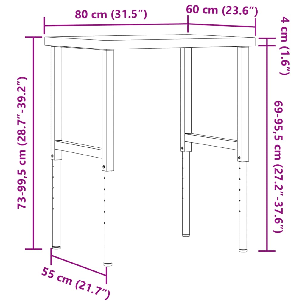 vidaXL Werkbank rechthoekig 80x60x(73-99,5) cm massief acaciahout