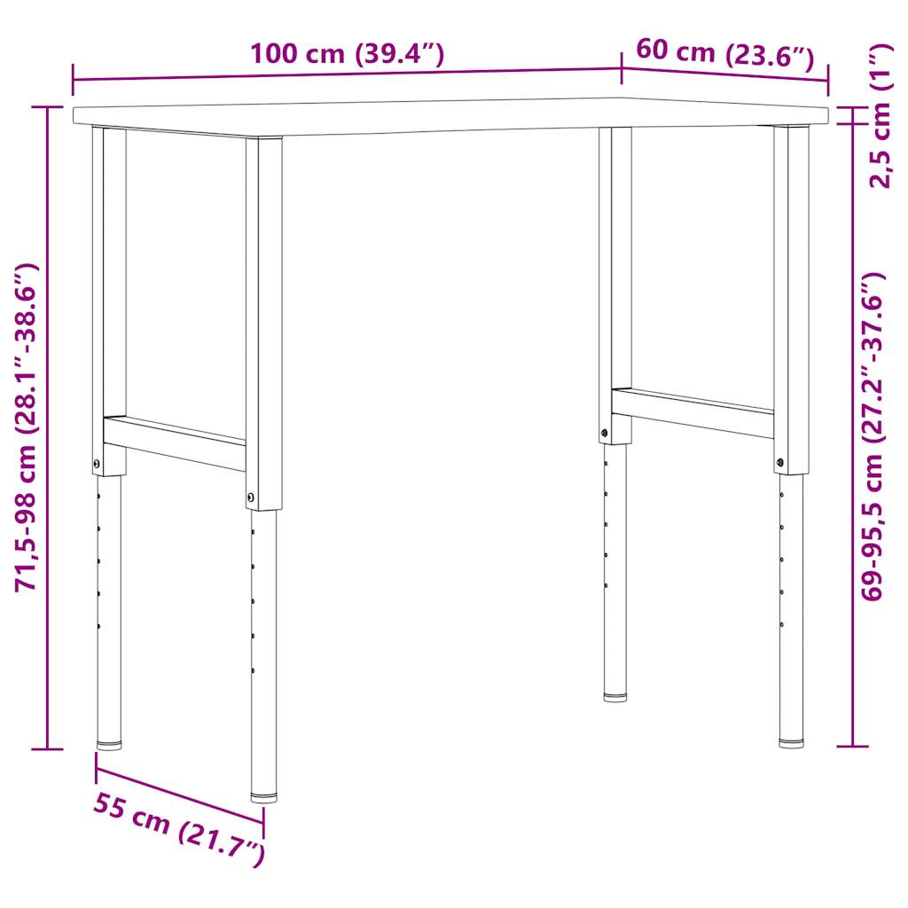 vidaXL Werkbank 80x60x(71,5-98) cm massief eikenhout