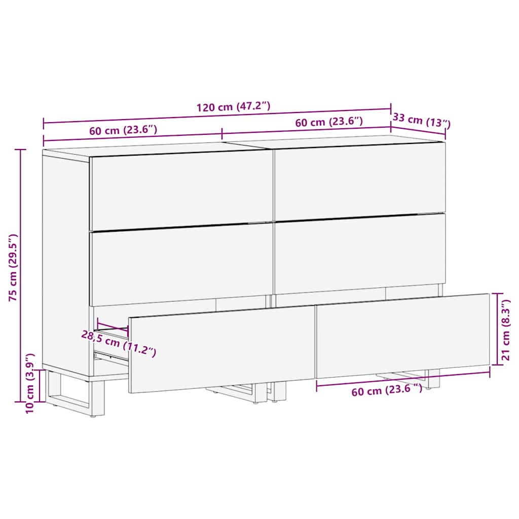 vidaXL Dressoir Set 2 pcs Naturel 60 x 33,5 x 75 cm Massief Mango Hout