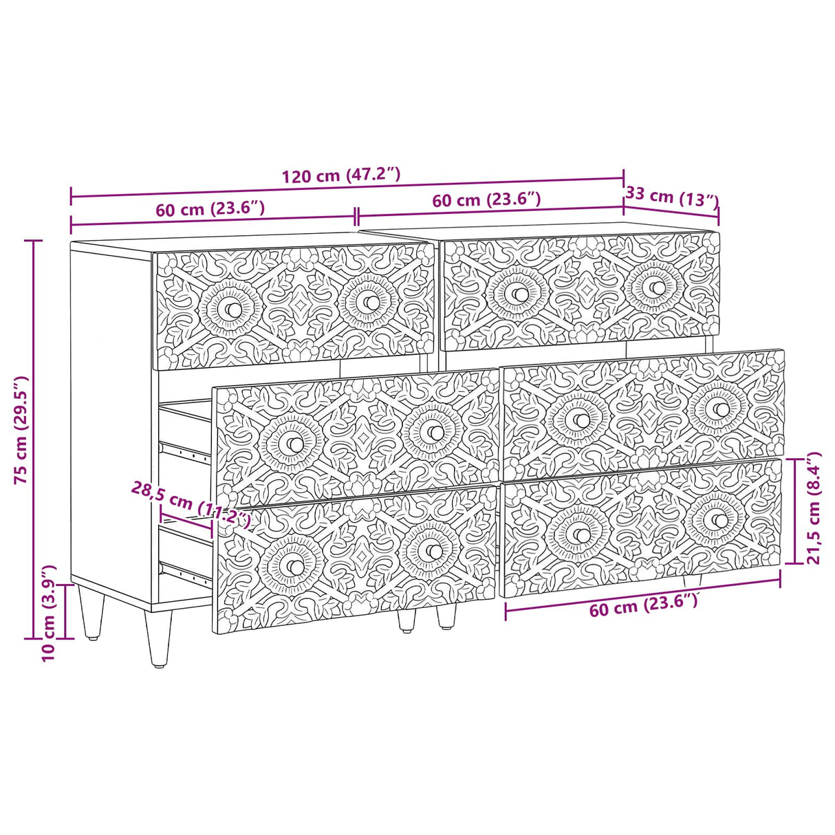vidaXL Sideboard 2 pcs White 60 x 33.5 x 75 cm Solid Mango Wood