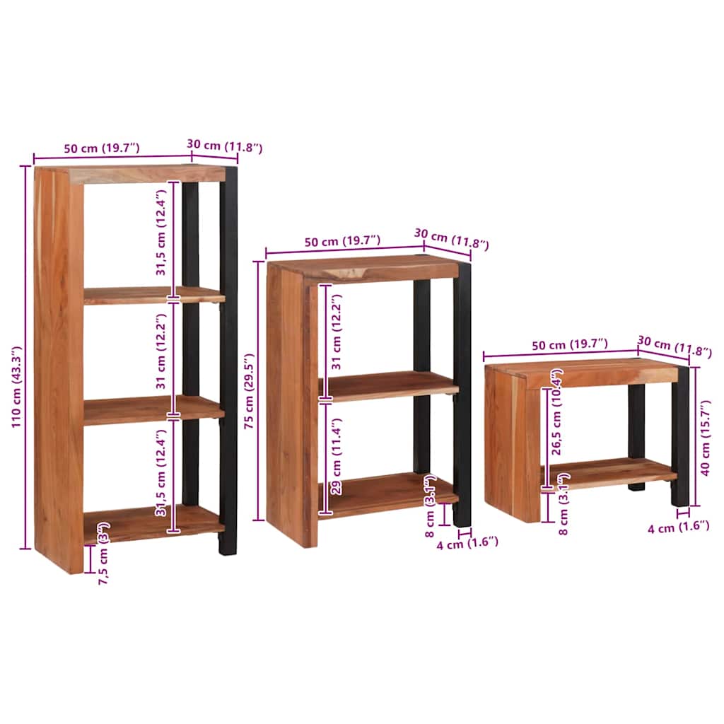 vidaXL Bookshelf 3 pcs Brown 50 x 30 x 110 cm Solid Acacia Wood
