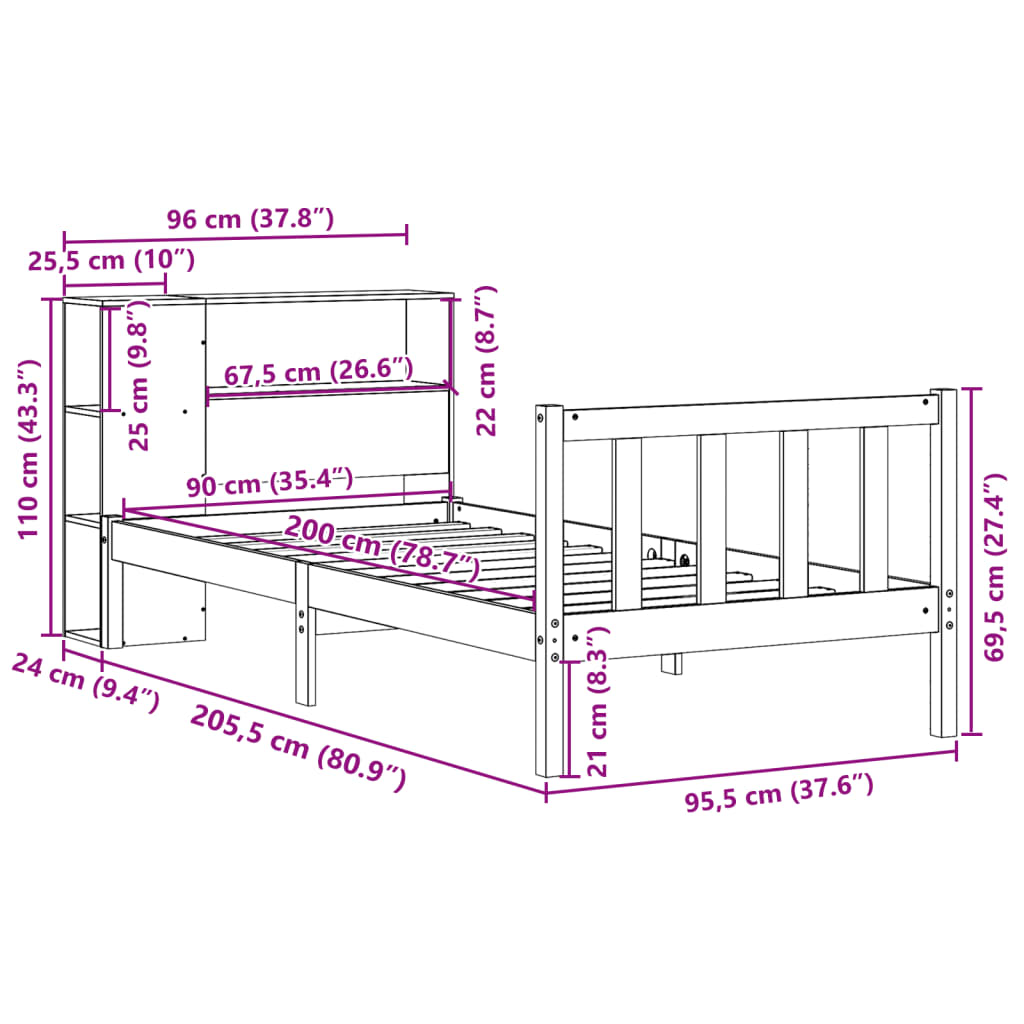 vidaXL Bed met boekenkast zonder matras massief grenenhout 90x190 cm