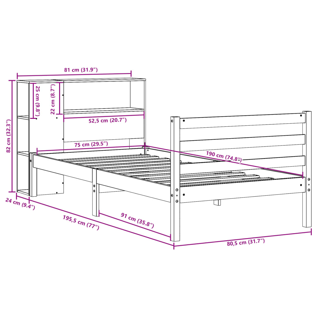 vidaXL Bed met boekenkast zonder matras grenenhout wit 75x190 cm
