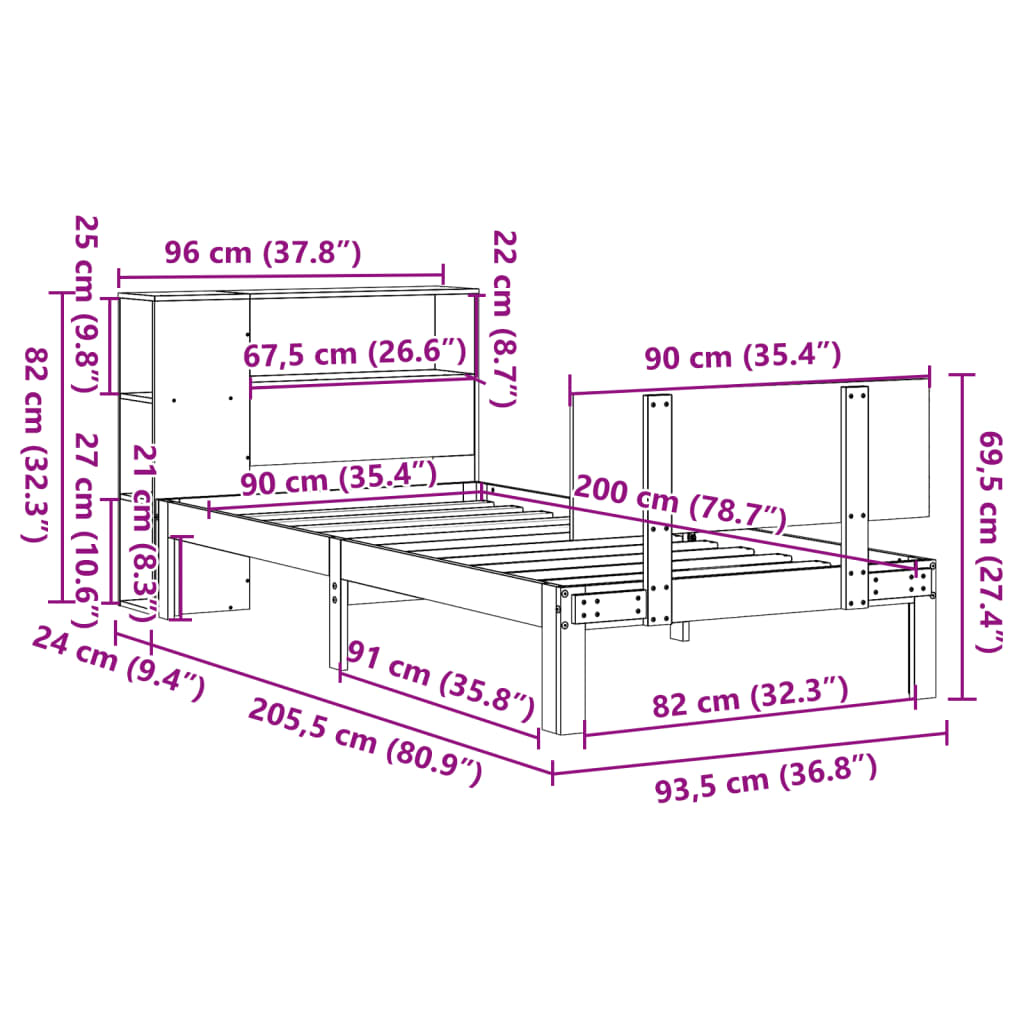 vidaXL Bed met boekenkast zonder matras grenenhout wit 90x200 cm