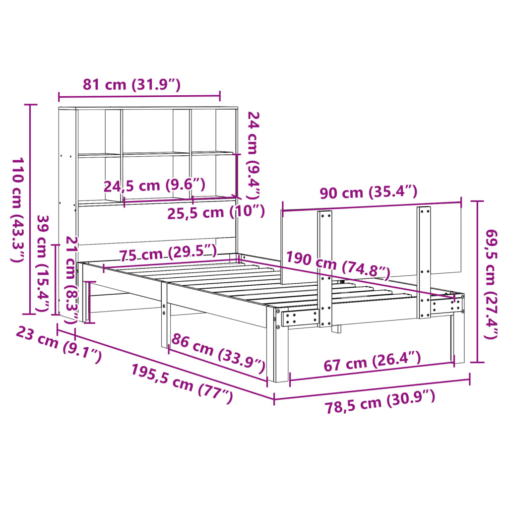 vidaXL Bed met boekenkast zonder matras massief grenenhout 160x200 cm