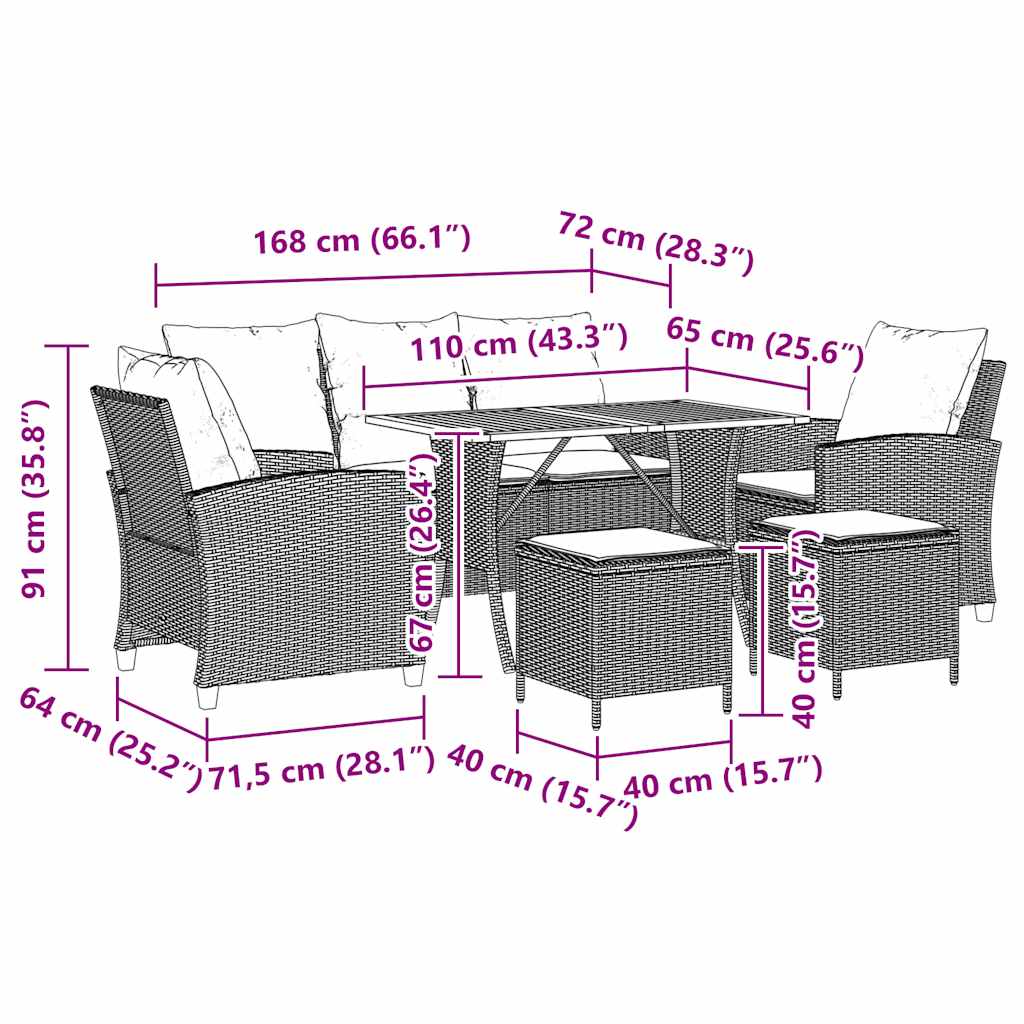 vidaXL 6-delige Loungeset met kussens poly rattan zwart