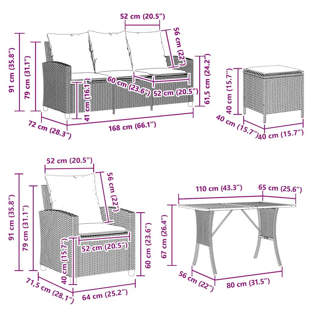 vidaXL 6-delige Loungeset met kussens poly rattan zwart