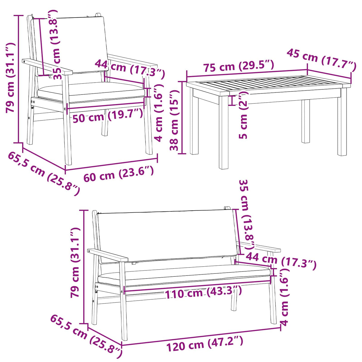 vidaXL Tuinbank Set 4 pcs Bruin 120 x 65,5 x 79 cm Massief Acacia Hout