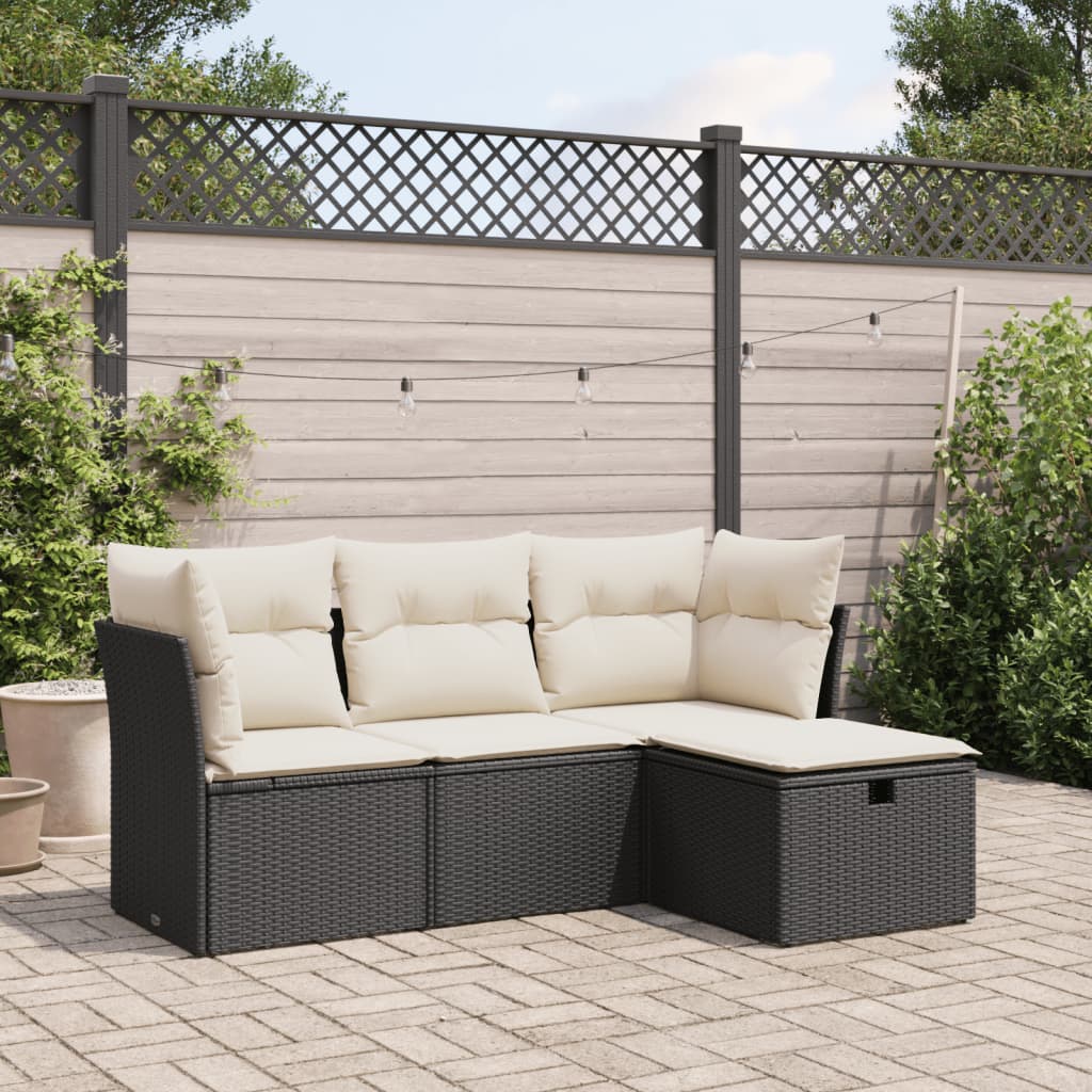 vidaXL 4-delige Loungeset met kussens poly rattan zwart