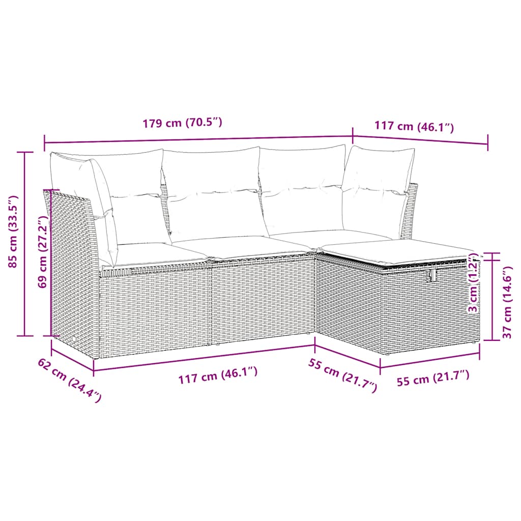 vidaXL 4-delige Loungeset met kussens poly rattan zwart