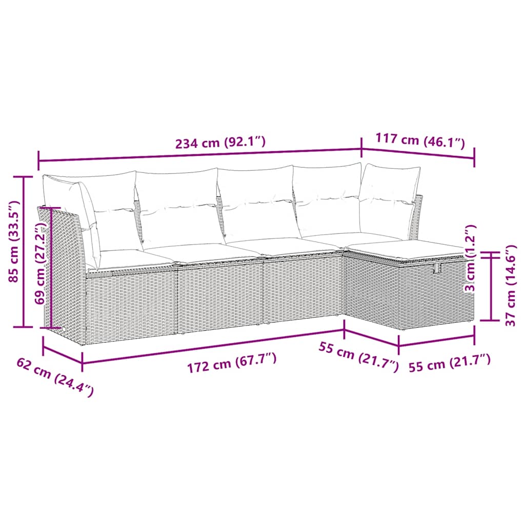 vidaXL 5-delige Loungeset met kussens poly rattan zwart