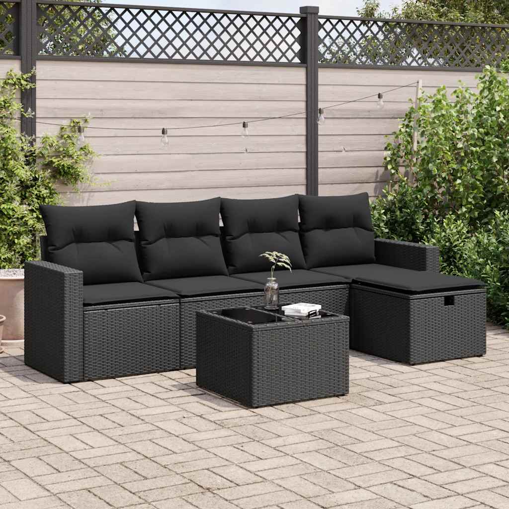 vidaXL 5-delige Loungeset met kussens poly rattan zwart