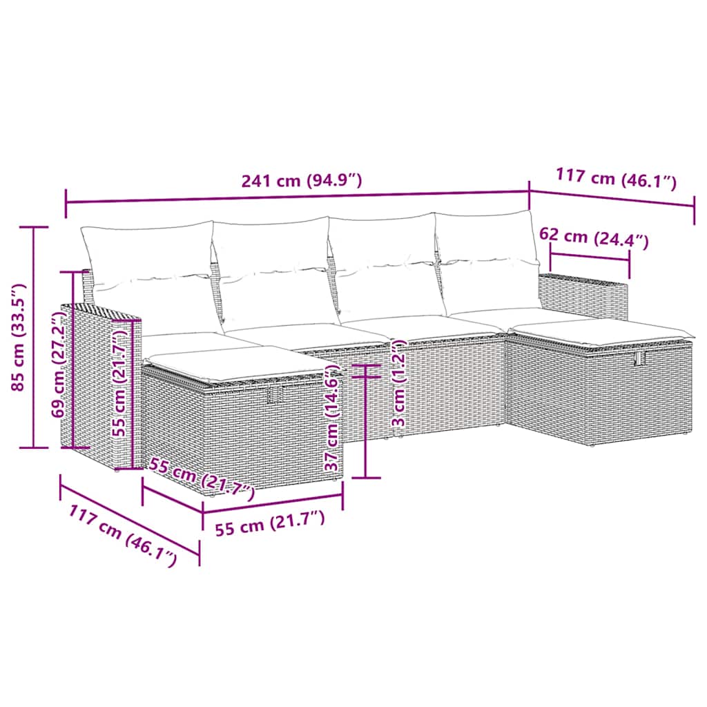 vidaXL 6-delige Loungeset met kussens poly rattan zwart