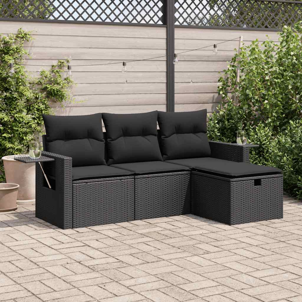 vidaXL 4-delige Loungeset met kussens poly rattan zwart
