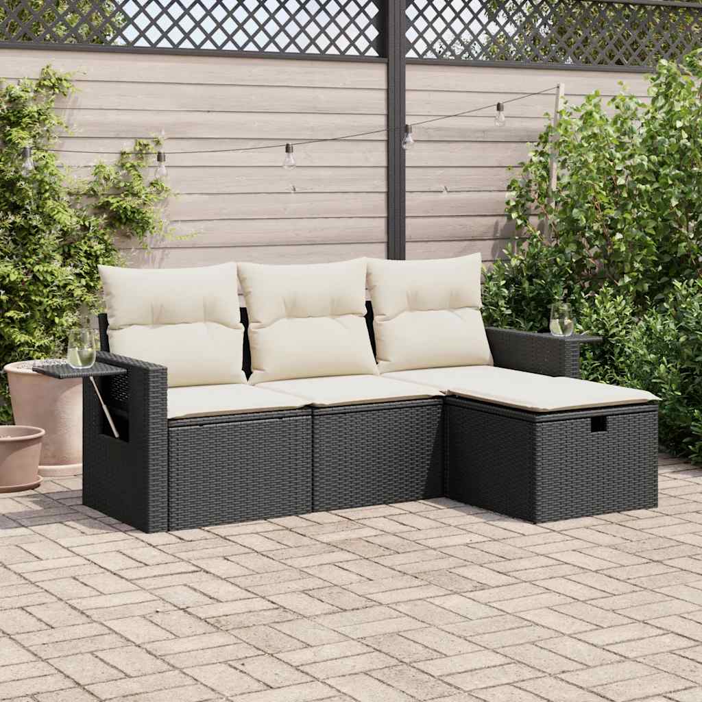 vidaXL 4-delige Loungeset met kussens poly rattan zwart