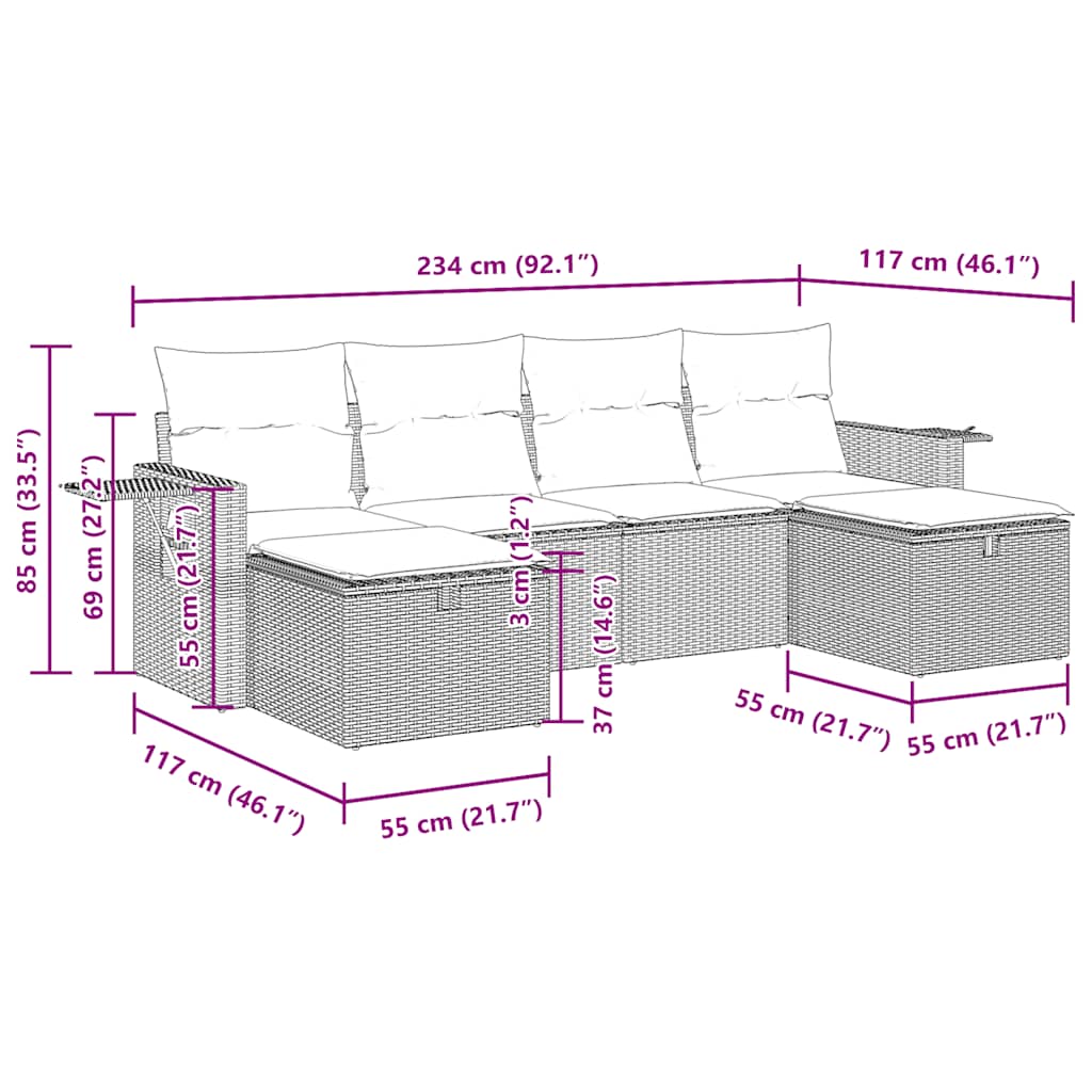 vidaXL 6-delige Loungeset met kussens poly rattan zwart